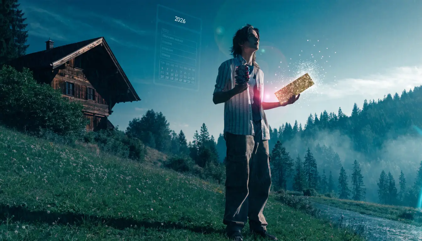 Junge Person mit Spielchips und Glücks‑Ticket in Schweizer Alpen