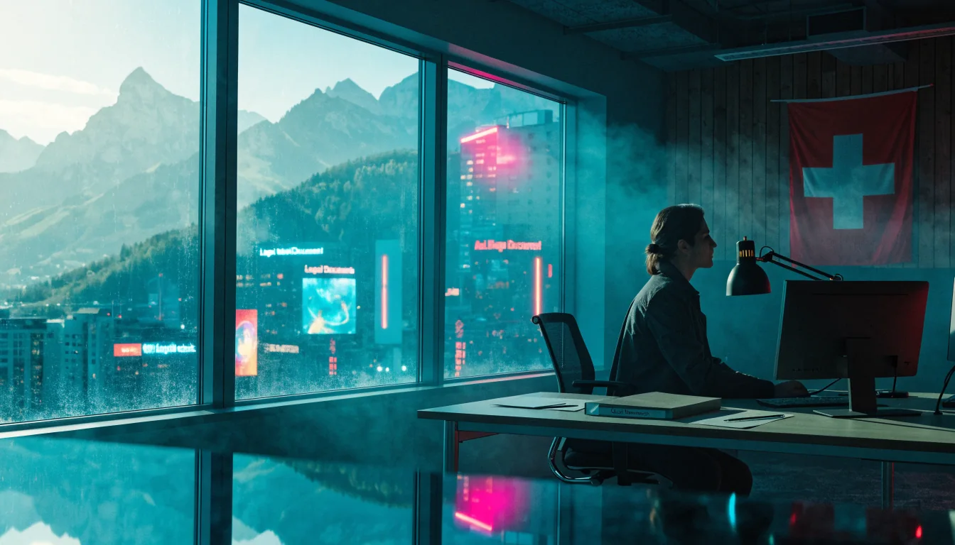 Modernes Büro in der Schweiz mit Rechtsdokumenten, Schweizer Flagge und Alpen im Hintergrund