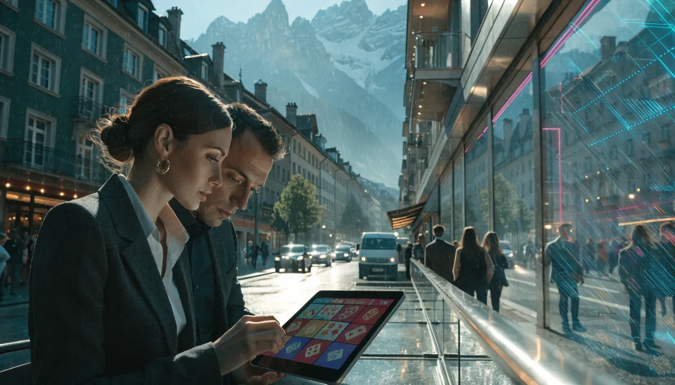 Schweizer Straßenszene mit Café, Tablet und Alpen im Hintergrund