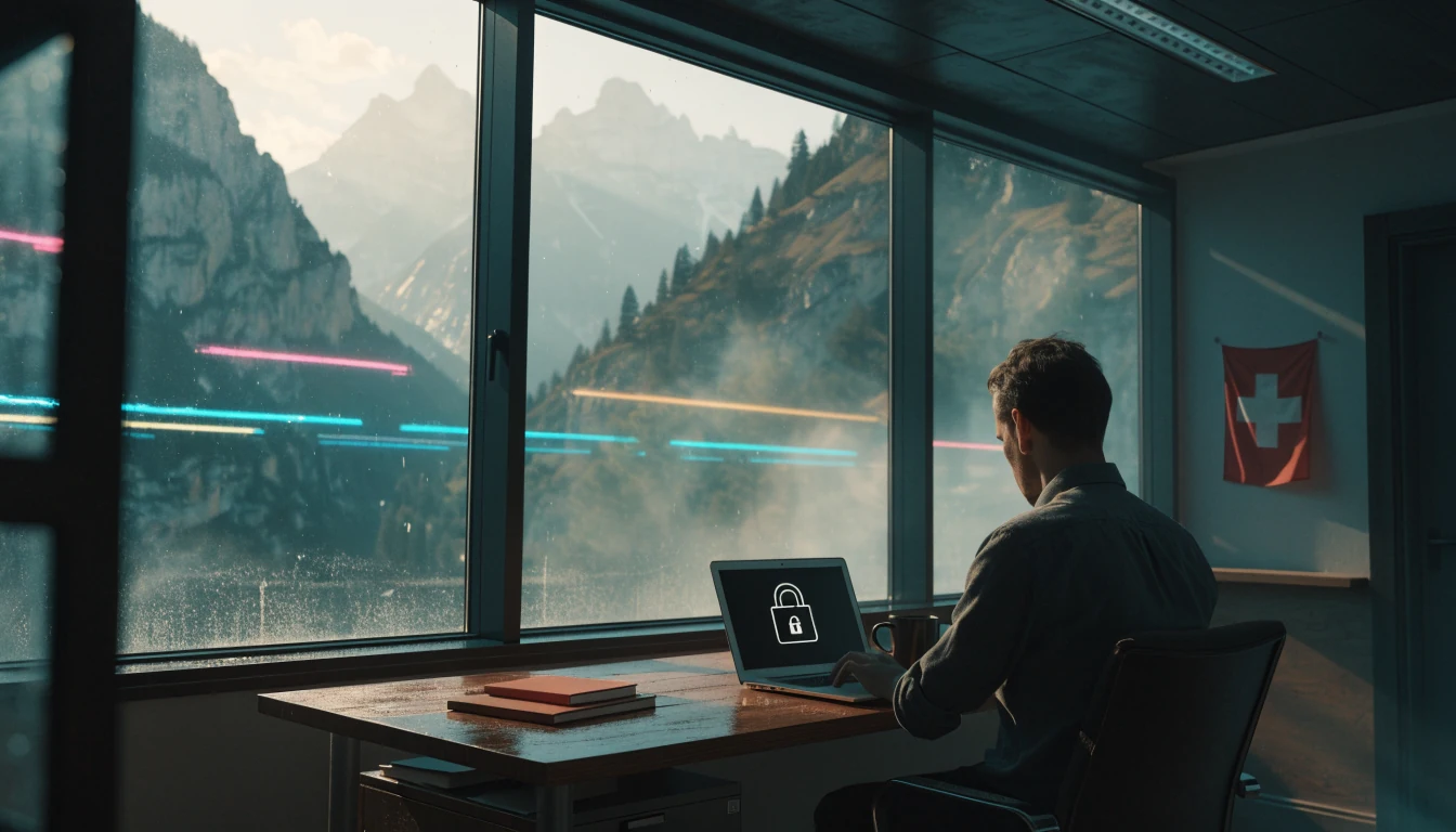 Schweizer Büro mit Laptop, Schild-Icon, Alpenfenster und Schweizer Flagge