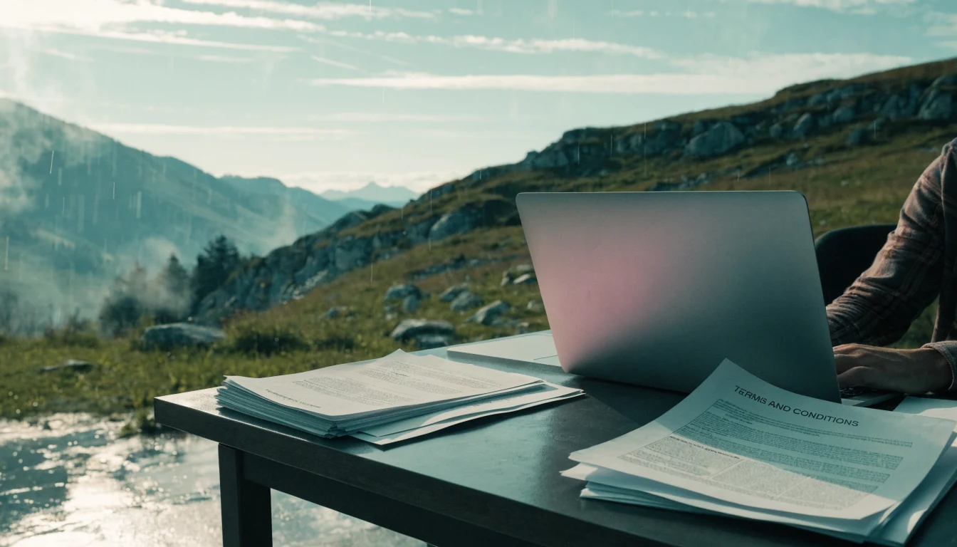 Schweizer Alpenlandschaft mit neutralem Schreibtisch im Vordergrund