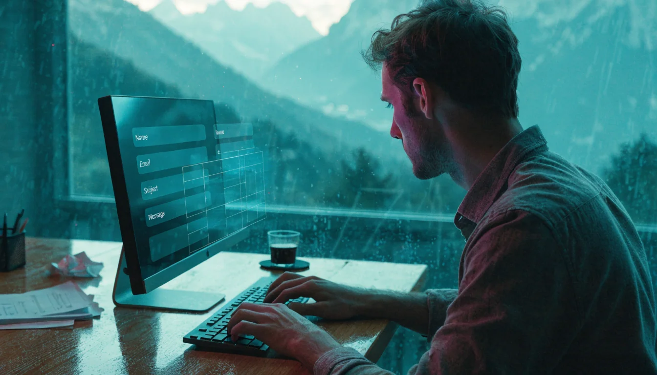 Ein Schweizer Büroangestellter tippt eine Kontaktnachricht bei Tageslicht.