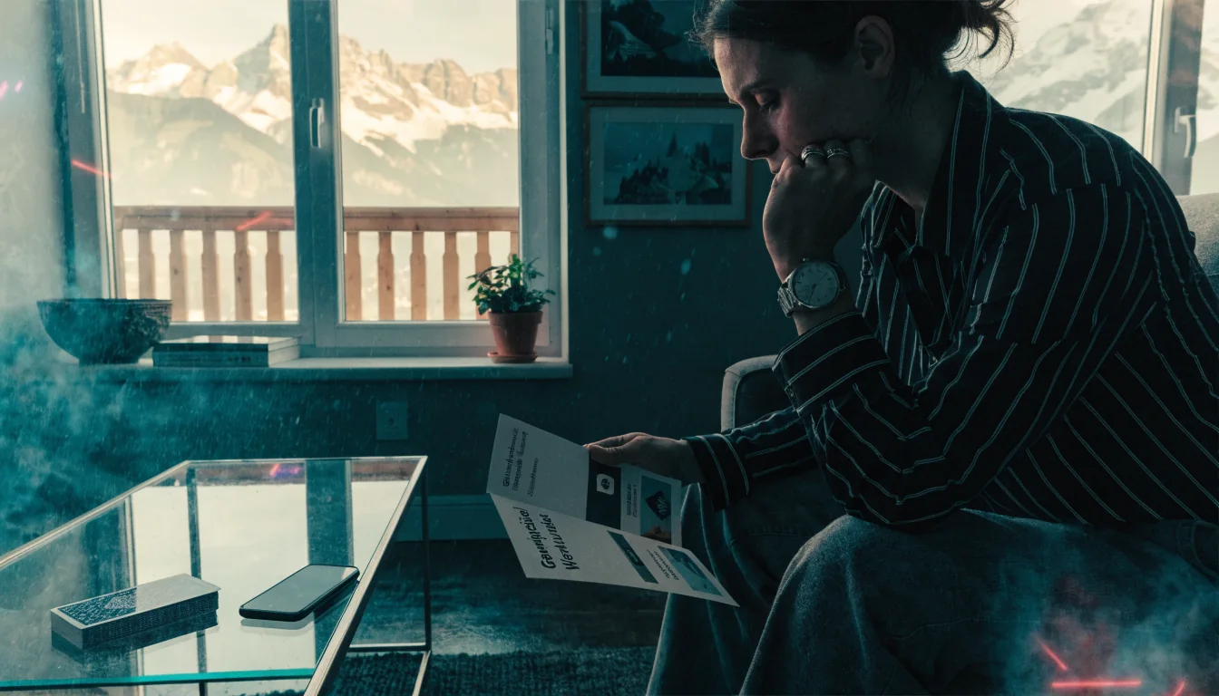 Ein schweizer Wohnzimmer mit Alpenblick, Karten, und einem Broschürenblatt zur verantwortungsbewussten Spielhilfe.